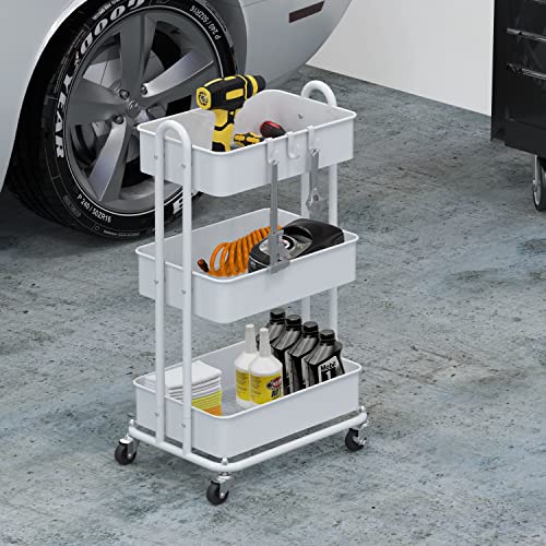 Simple Houseware Heavy Duty 3-Tier Metal Utility Rolling Cart, White