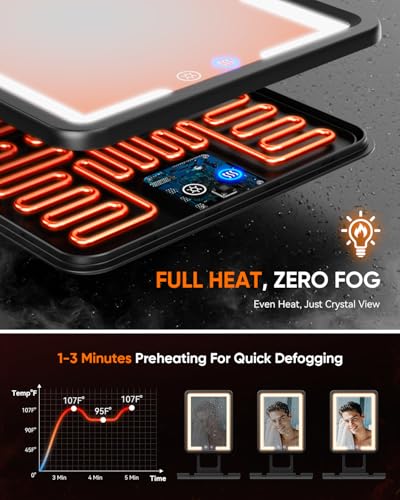 Heated Fogless Shower Mirror with Dimmable Lights & Razor Holder
