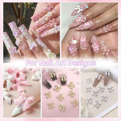 Assorted Nail Charms Kit, 3D Nail Charms and Flatback Pearls Gems Set, Gold Silver Nail Bows, Flower Butterfly Bows 3D Asssorted Nail Charms and Gems, Nail Pearls for Nail Art DIY with Pickup Tools