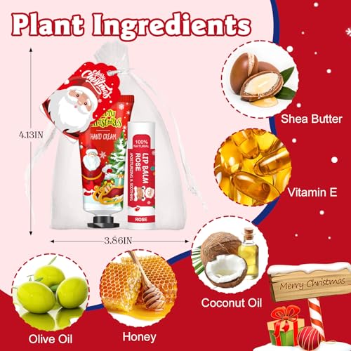 VESPRO 50 Pack Christmas Hand Cream and Lip Balm Gift Set, Bulk Christmas Gifts with Christmas Cards and Organza Bag, Christmas Decorations, Party Favors and Stocking Stuffers for Women