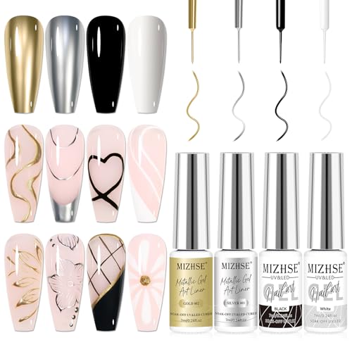 MIZHSE Metallic Gel Liner Nail Art Gold Silver 4 Colors, 3D Mirror Gel Painted Spider Drawing Line, Glossy Painting Swirl French Chrome Effect Nail Design Soak off Manicure Set for Nail Art