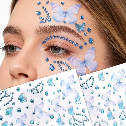 Blue Butterfly Face Gems Stickers - 2 Sheet Pack