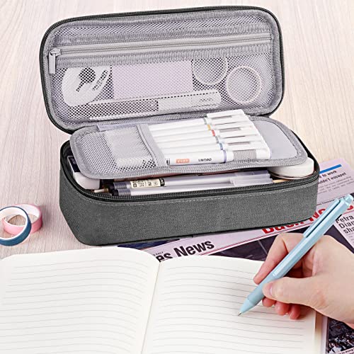 WEMATE Large Pencil Case, Pencil Pouch with Zipper Compartments, Aesthetic Pencil Bag for Adults, Stationery pencil Case Organizer for Office Grey