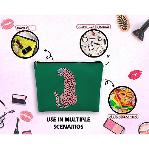 Preppy Leopard Print Cosmetic Bag, Wildlife Animal Asian Pink Cheetah Makeup Bag Zipper Cosmetic Pouch Bag Travel Linen Makeup Organizer, Trendy Gifts for Women Teen Teenager Girls Her Teens