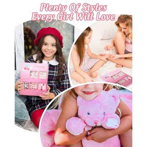 120PCS 5 Pack Press on Nails for Kids,Tweens Girls Soft Fake Nail Kit, Reusable Creative Design kids Nails, Full Cover Glitter Stick on Nails Girl Nails for Kids Ages 8-12