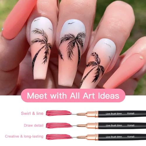 Komall 5-Piece Metallic Nail Art Liner Brush Set for Fine Details (4-25mm)