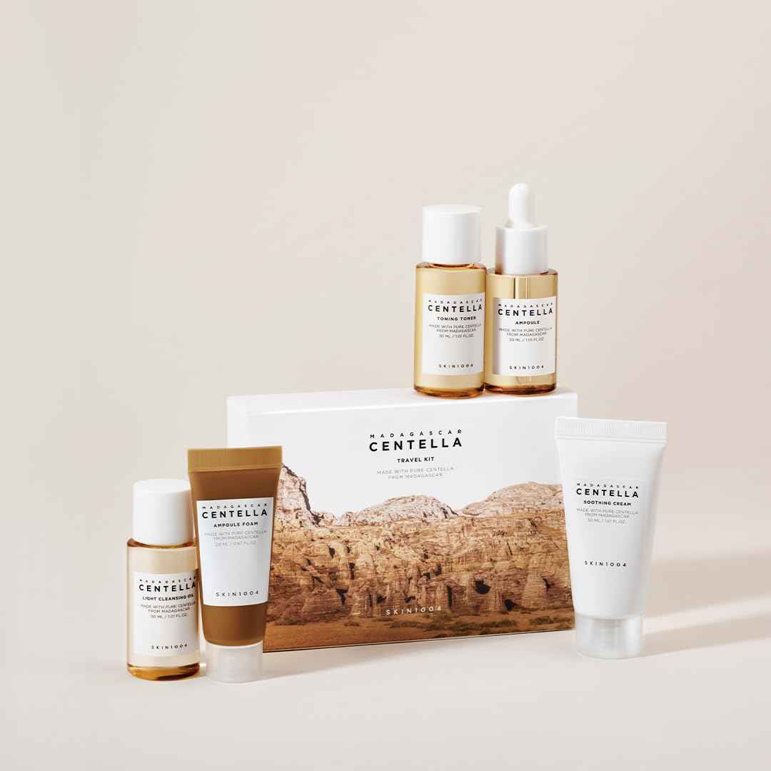 SKIN1004 Madagascar Centella Travel Kit, Toner, Ampoule, Soothing Cream, Cleansing Oil, Ampoule Foam, Basic Skincare Trial Kit Box , Gift Sets for Mom, Women & Mothers Day, Compact Size