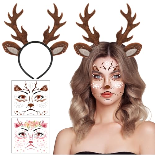 Deer Antlers Headband & Face Tattoos Set for Christmas Costume