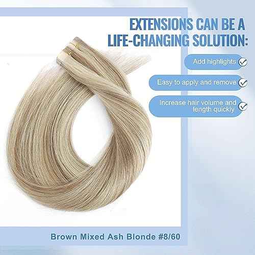 Sixstarhair Light Brown Highlights Tape In Hair Extensions - Brown Mixed With Ash Blonde Seamless Straight 18 Inch 50g [Color P8-60#-18 Inch]