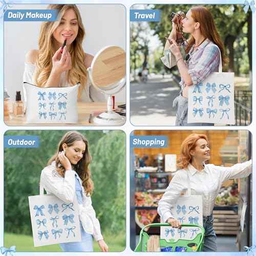 Y1tvei Blue Bows Canvas Bags - 2Pcs Cute Blue Coquette Aesthetic Tote Bag with Inner Pocket, Reusable Grocery Folding Shopping Bag, Bow Knot Zipper Makeup Pouch Gifts for Women Girls Daughter Mother