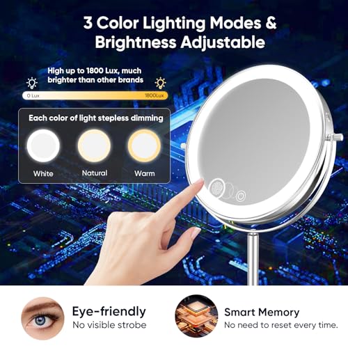 Professional 9" Lighted Makeup Mirror Double-Sided Rechargeable Vanity Mirror 1X/10X HD Magnifying, 88 High-CRI 97 LEDs, 3 Color Modes & Dimmable Brightness, Height Adjustable, 4000mAh Dual Power