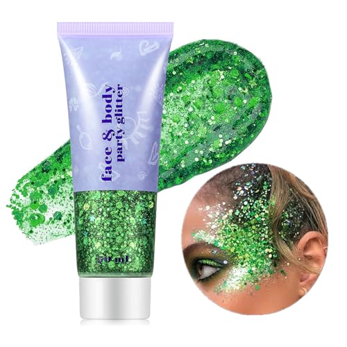 Go Ho Green Face Body Glitter,St Patricks Day Face Glitter Makeup,Green Face Paint Holographic Chunky Sequins Glitters for Eye Lip Hair Nails,Festival Rave Accessories,52g