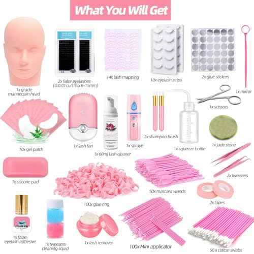 Lash Extension Kit Professional Eyelash Extensions Supplies Training for Beginners Mannequin Head Grafting Lash USB Fan Lash Shampoo Brush Spraye 0.07D Curl Mix 8-15mm Practice Eyelash Strips