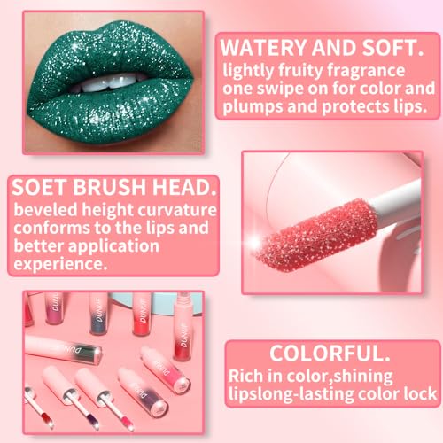 Dulele 12 PCS Diamond Glitter Liquid Lipstick Set, Long Lasting & Non-Stick Cup Metallic Shimmer Matte Full Colour Tinted Lipstick Lip Gloss, Highly Pigmented Shinning Lipstick (Red, M)