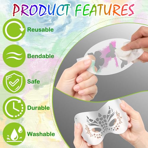 58PCS Face Paint Stencils Kit Includes 36 Reusable Facial Painting Stencils, 6 Sheets Tattoo Templates Stickers, 10 Brushes, 2 Pack Adhesive Gems, 4 Sponge for Halloween Festival Party Makeup