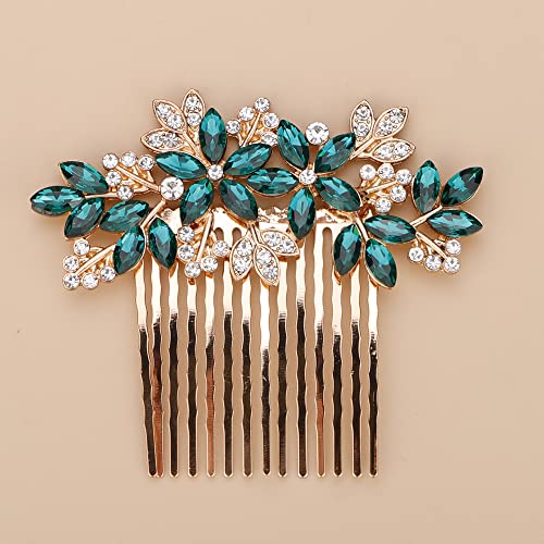 Teyglen Women Dainty Silver Gold Green Rhinestones Bridal Wedding Hair Comb Luxurious Shiny Red Blue Rhinestones Side Hair Accessories for Brides and Girls