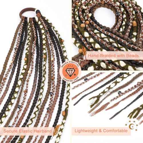 SEIKEA 2PCS Boho Braided Ponytail Extension with Hair Tie, 24" Long Viking Dreadlock Beads Ponytail Hand-braided Braids Hair Extensions Lightweight Natural Synthetic Hairpiece for Festival Cosplay