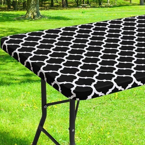 smiry Rectangle Picnic Tablecloth, Waterproof Elastic Fitted Table Covers for 5 Foot Tables, Wipeable Flannel Backed Vinyl Tablecloths for Camping, Indoor, Outdoor (Black Morocco, 30x60 Inches)