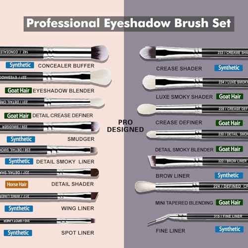 Bueart Design 15Pcs Pro Natural Hair Eyeshadow Makeup Brush Set kits for powder cream liquid eyeshadow blending, Luxury Professional Goat and Pony Hair Bristles Precision eyeshadow brushes