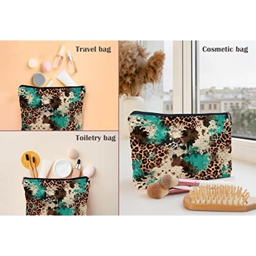 Western Cowhide Leopard Turquoise Glitter Pattern Fashion Makeup Bag Make up Cosmetic Bag Small Zipper Pouch,Gifts for Girls Women