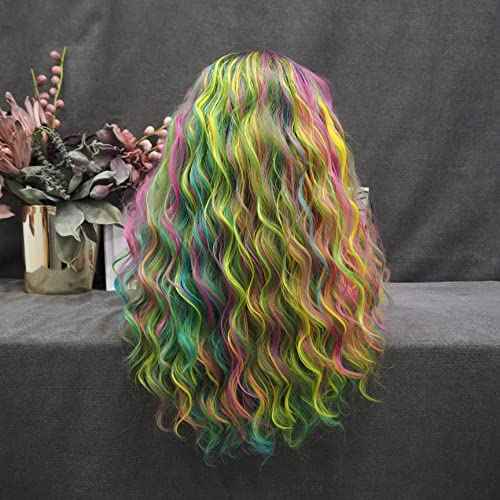 IMSTYLE Multicolor Lace Front Wigs Rainbow Green Wigs Loose Curl Dark Root Colorful Synthetic Hair Wig Heat Resistant with Natural Hairline 22 Inch