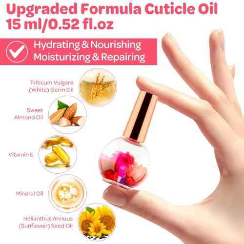 JIASHENG Cuticle Oil, Scented Cuticle Nail Oil Infused with Real Flowers, Hydrates, Moisturizes, Strengthens, Repairs, Revitalizing Cuticle Oils for Nails Damage Dry Cuticle, Rose, 15 ml /0.52 fl. oz
