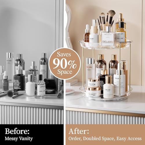 Delamu Rotating Makeup Organizer 2-Tier Vanity Storage with Spin Shelf