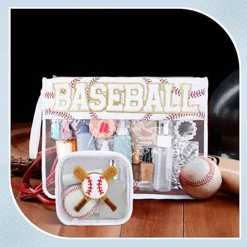 Hillban 2 Pcs Baseball Snack Bags Team Gifts Makeup Cosmetic Bag Clear Chenille Letter Zipper Pouch Toiletry Purse Baseball Accessories Stuff Sport Portable Travel Storage Case for Mom Women Girl
