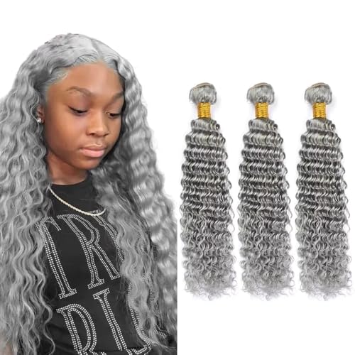 GtaiiReu Grey Deep Wave Human Hair Bundles 24-28 Inch - Unprocessed Brazilian Virgin Hair - 3 Bundles