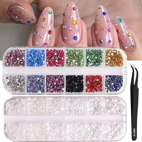 24Grid Shiny Colorful Nail Art Rhinestones 3D Flatback Rhinestones Pearl Nail Charms and Crystals Gems Nail Accessories for Acrylic Nail Tips Manicure Decor