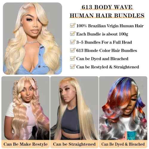 YISEA 613 Body Wave Brazilian Hair 12A Brazilian 613 Body Wave 3 Bundles Unprocessed Human Raw Hair Mink Hair Bundles Wet and Wavy Human Hair 613 Blonde 10 12 14