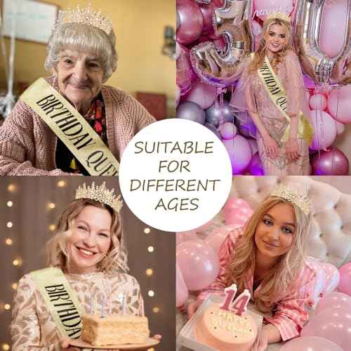 TOBATOBA Birthday Queen Sash and Crown for Women - Gold Rhinestone Tiara and Sash Set for Birthday Decorations Outfits for Women