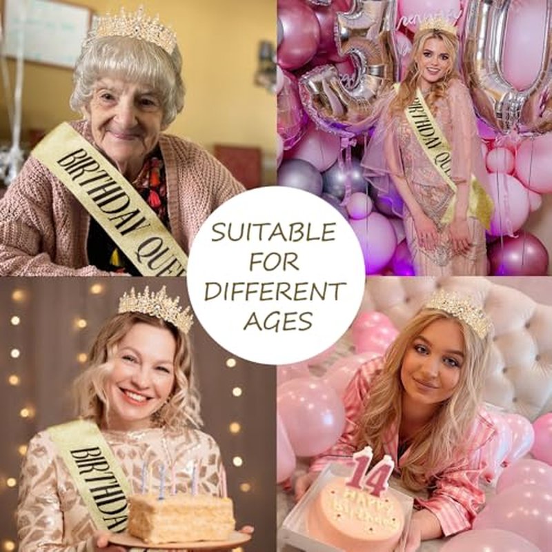 Birthday Queen Sash and Crown Set for Women - Gold Tiara & Sash