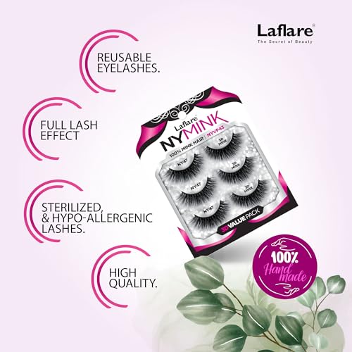 Laflare 100% Real Mink Lashes, 3D NY Mink Eyelashes, Hand-Rowing Natural Long Wispy False Lashes for Luxury Makeup, Natural, Light,Trendy, Reusable (NY45, VALUE PACK)
