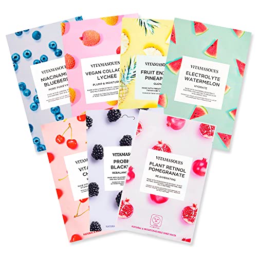 Vitamasques Face Masks Skincare Sheet Kit, 7-Pack - Juicy Collection of Triple-Layer Sheet Facial Masks - Pore Purifying, Brightening, and Hydrating