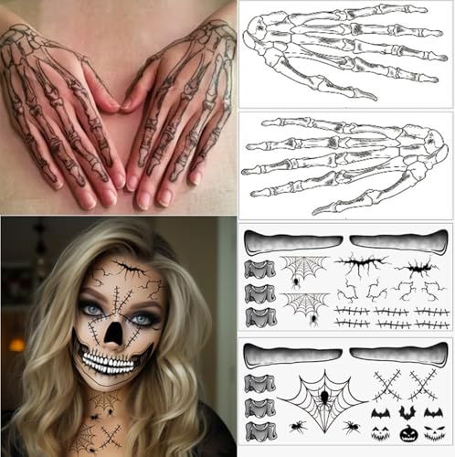 8 Sheets Halloween Temporary Face Tattoos | Skeleton & Scar Designs