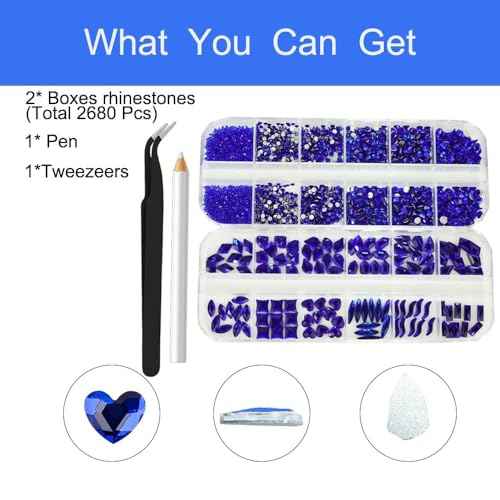 2680Pcs Royal Blue Nail Rhinestones Gems, 120pcs Multishapes Cobalt Blue Glass Big Nails Gem Stones with Bling Flatback Round Beads, Dark Blue Clear Diamond Rhinestone for DIY Face Eyes Makeup Crafts