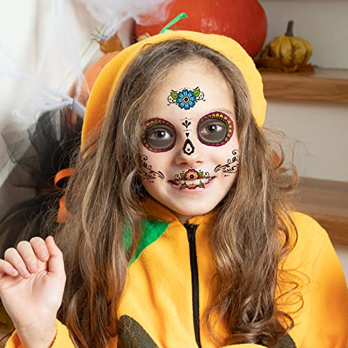 Day of the Dead Face Tattoos - 8 Sheet Sugar Skull Temporary Tattoo Kit