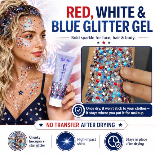 Red White Blue Patriotic Glitter Gel for Face & Body