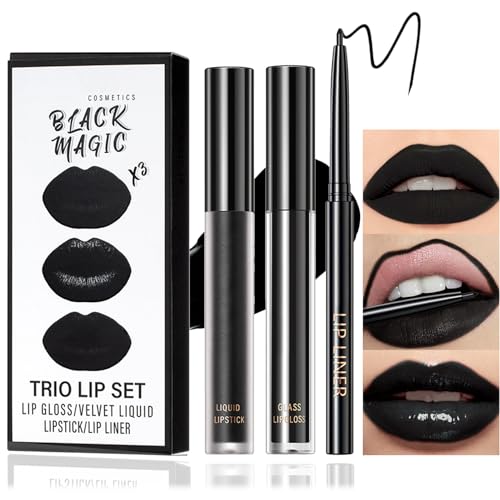 Black Matte Lipstick Lip Liner Gloss Set - Waterproof & Long-Lasting
