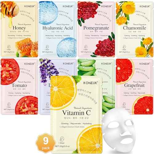 9 Pack Collagen Face Masks Skincare for Women, Hydrating Sheet Face Masks Suitable for All Skin Types, Bulk Facial Masks for Women Skin Care, Face Mask Gifts Set for Spa Party