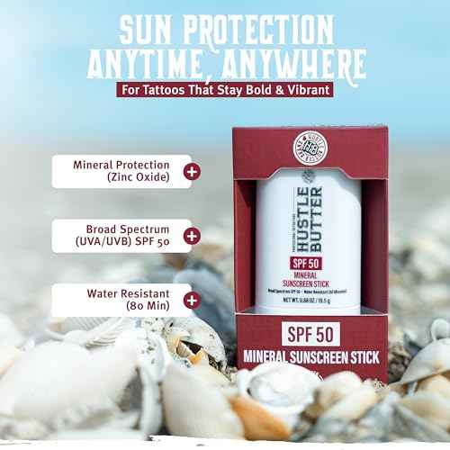 Hustle Butter Tattoo Aftercare Sunscreen Stick - Tattoo Sunscreen Stick, Fade Protection SPF 50, Hydrating with Shea Butter & Coconut Oil, TSA-Friendly, Water Resistant, Non-Greasy, 0.68 oz