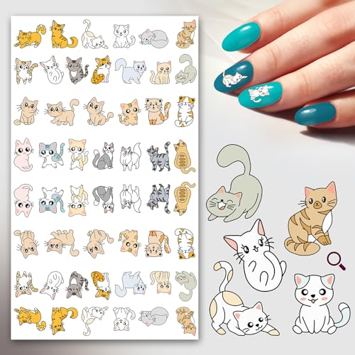 Nail Stickers Decals (5 Sheets) FLONZNAIL Adorable Cute Chibi Cats Nail Decor Transfer Vintage Styled Stickers