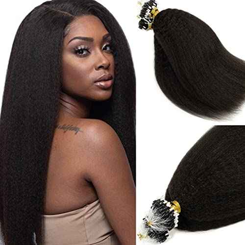 Caliee Micro Loop Real Human Hair Extensions Kinky Straight Natural Black Brazilian Remy Hair Extension for Black Women 20 Inch, Micro Beads Hair Extensions Natural Hair 1B Color 50g 1g/s 50s