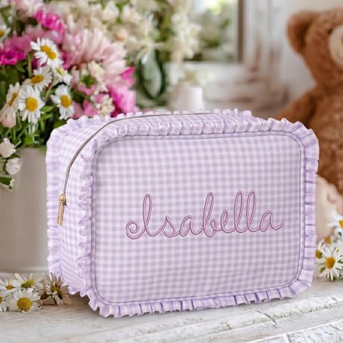 Personalized Light Blue Ruffle Gingham Cosmetic Bag 10.5x8x4.5