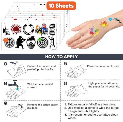 Paintball Temporary Tattoos for Kids - 100 PCS (10 Sheets)
