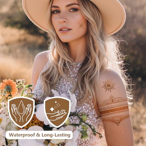 9 Sheets Gold Temporary Tattoos,110+ Designs Glitter Fake Tattoos for Women,Waterproof and Long-Lasting,Gold Metallic Glitter Tattoo Perfect for Vacation,Parties and Festivals