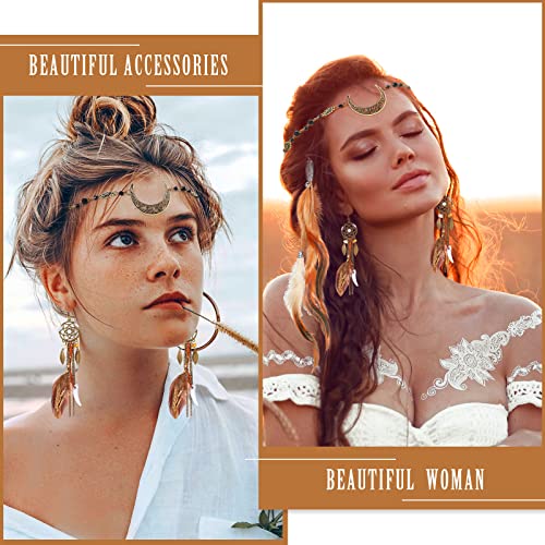 Kigeli 5 Pack Boho Hair Feather Headpiece Clip-in Moon Chain