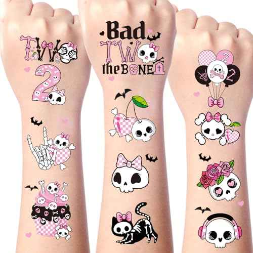 Bad Two the Bone Temporary Tattoos - Yoyuspy 200+ Pink Bad Two the Bone Party Decorations Favors Supplies Girl 2nd Birthday Decorations for Girls Cute Pink Skull Tattoo Stickers Gifts Prizes Rewards