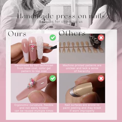 Press on Nails Long Coffin Pink Wavy Swirl Lines Bling Rhinestones White French Tip Handmade Fake Nails XL, Reusable Glossy Gel False Nail Full Cover Stick on Nail Manicure for Women-14pcs, L